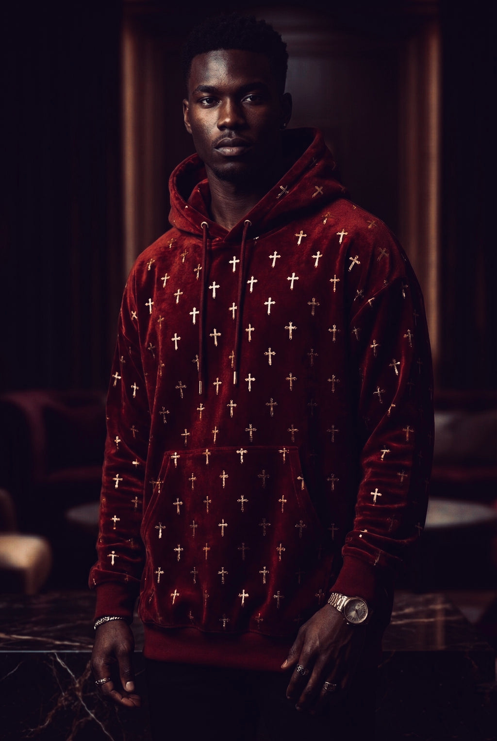 The Crimson Cross Luxe Velour Hoodie