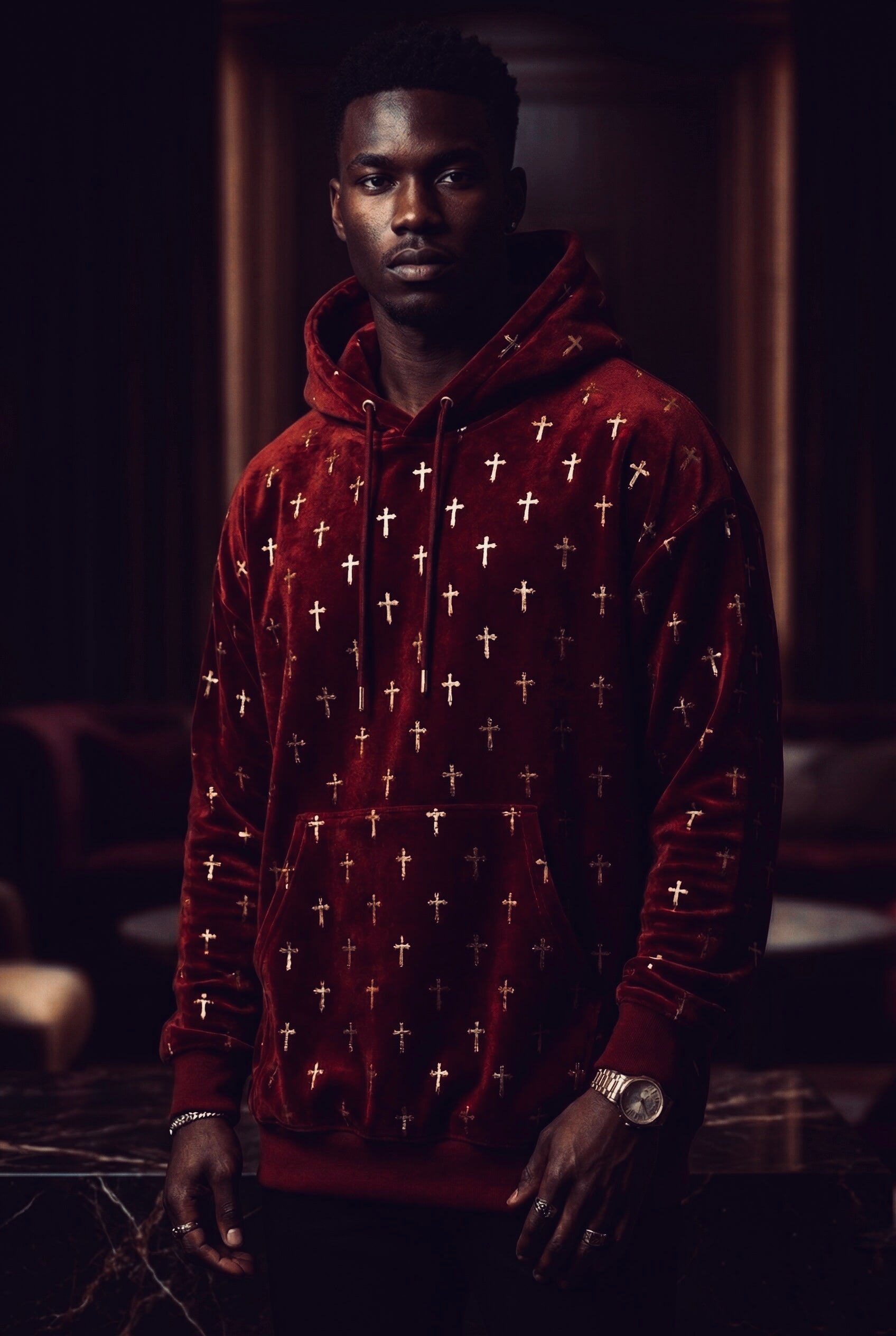 The Crimson Cross Luxe Velour Hoodie
